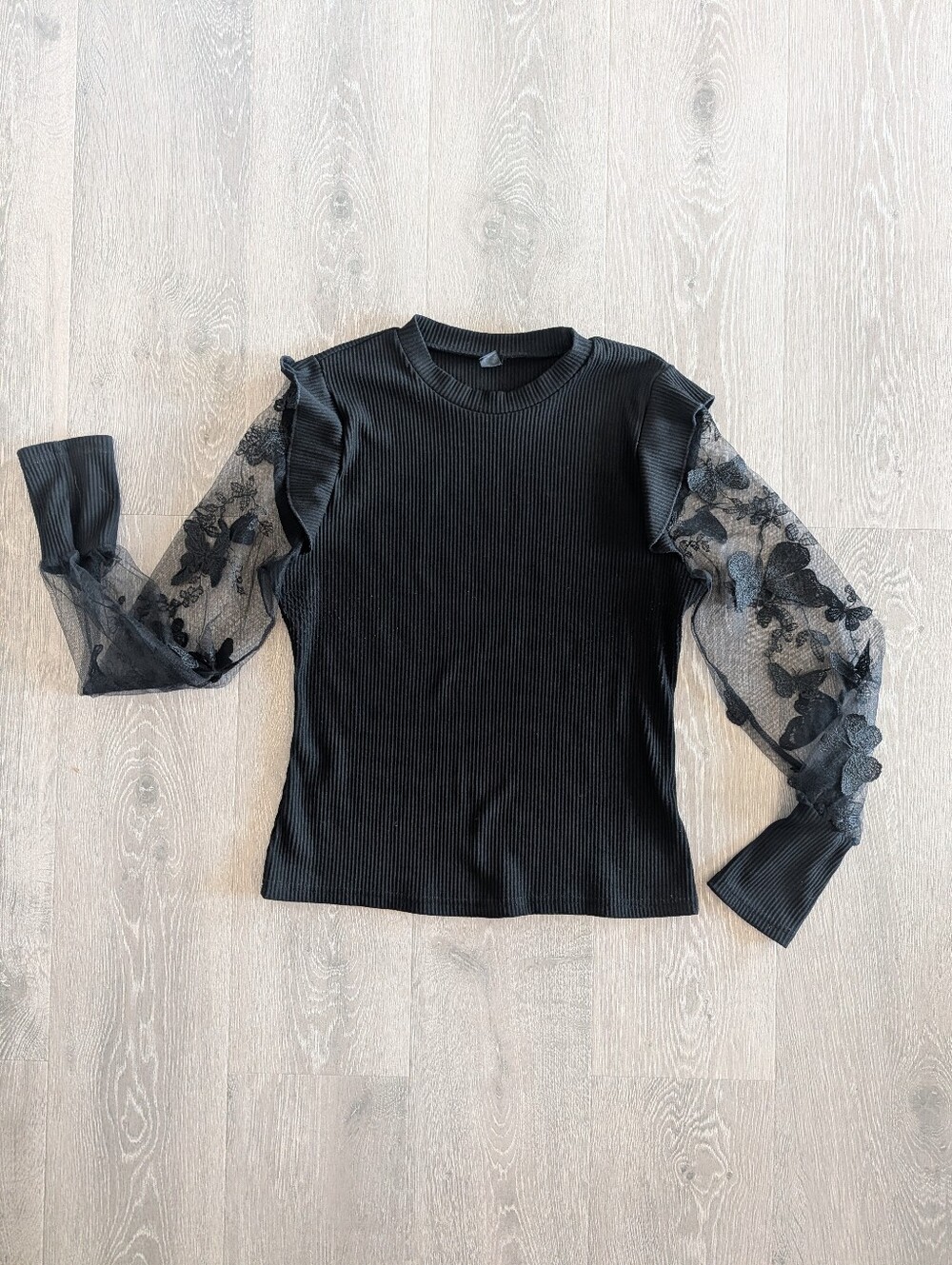 Shein Black Long Sleeve Top With Mesh Butterfly Sleeves - XL